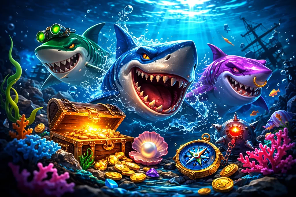 Razor Shark 2 underwater slot theme with sharks, treasure chest, gold coins, pearl and compass in a deep sea environment