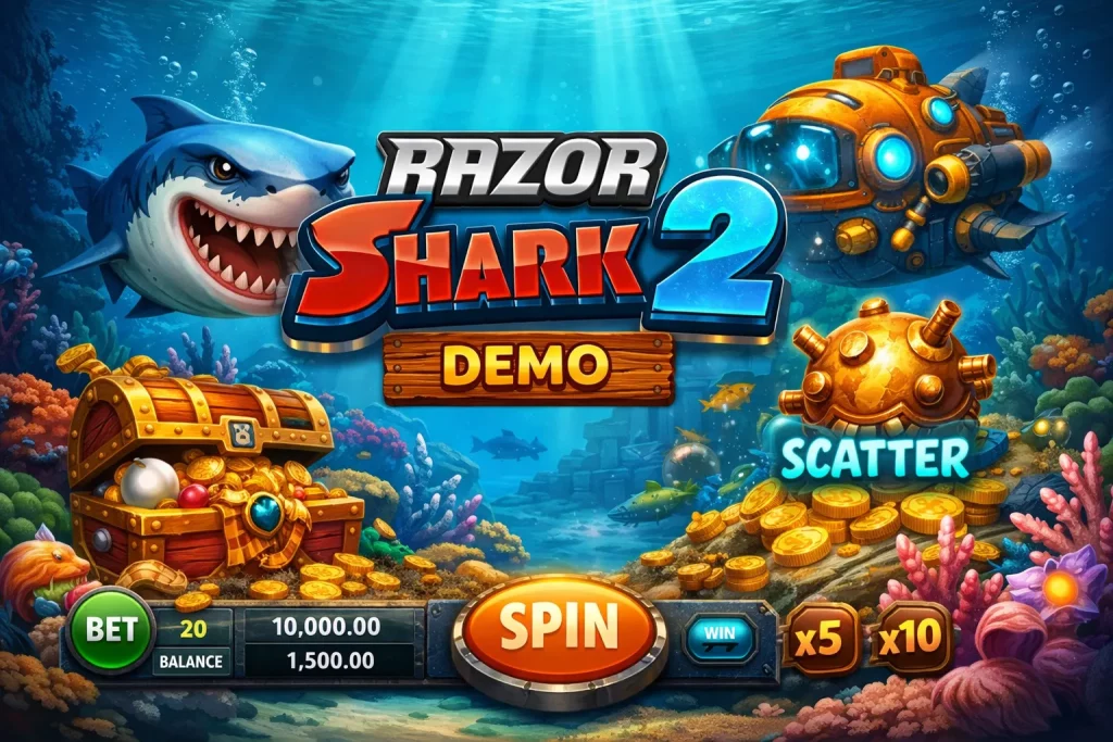 Razor Shark 2 demo slot game underwater scene with shark, treasure chest, scatter symbol, submarine and spin button